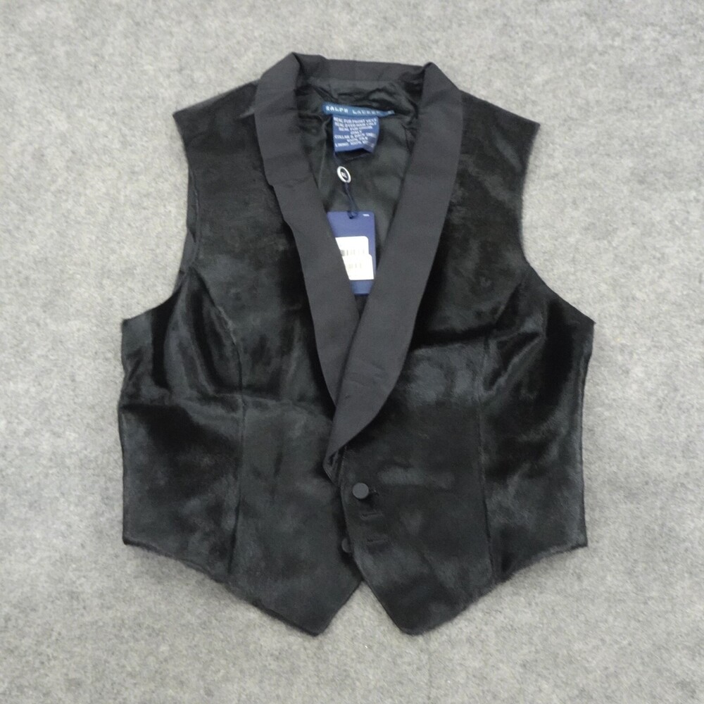 Ralph Lauren Vest Womens 8 Blue Label Black Silk Sleeveless Calf Hair Collar D